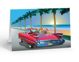 Tropical Cruising Santa Christmas Card - 18 Boxed Beach Holiday Cards & 19 Envelopes