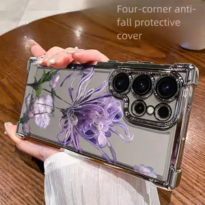 Phone case: Purple Flower Samsung Anti-Drop Phone Case Compatible with Samsung S25/S24/S24 Plus/S24 Ultra/S24 FE/S23/S23+/S23 Ultra/S22/S21/S20, Transparent, Shockproof, Anti-Slip, Lightweight, Ideal Gift for All 4 Seasons