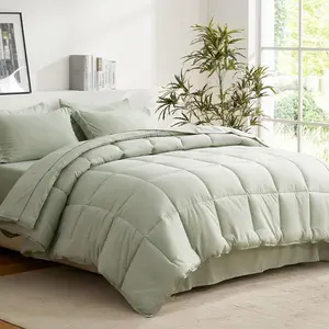 King Comforter Set 7 Pcs, Sage Green Bed in a Bag, All Season Lightweight Soft Reversible Bedding Set, 1 Comforter, 1 Flat Sheet, 1 Fitted Sheet, 2 Pillow Shams, 2 Pillowcases