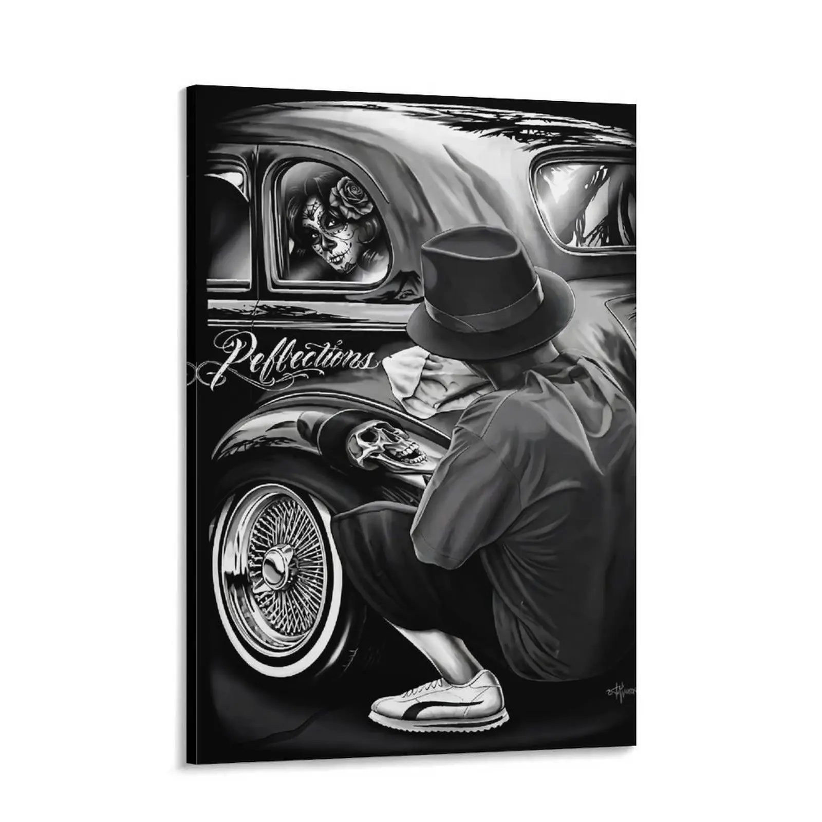Day of The Dead Lowrider Classic Skull Reflections Poster Decorative Painting Canvas Wall Art Room Poster