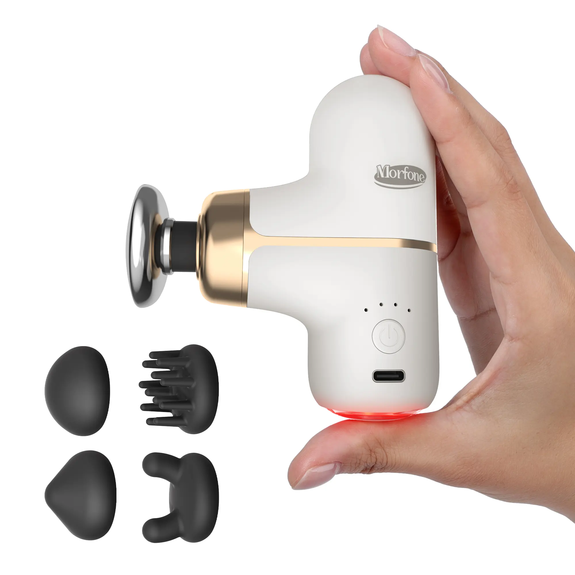 morfone Mini Percussion Massage Gun with Heat & Red Light Therapy, Portable Deep Tissue Massager with 4 Adjustable Speeds & Heads, Daily Use Gift for Home, Office & Gym, Lightweight
