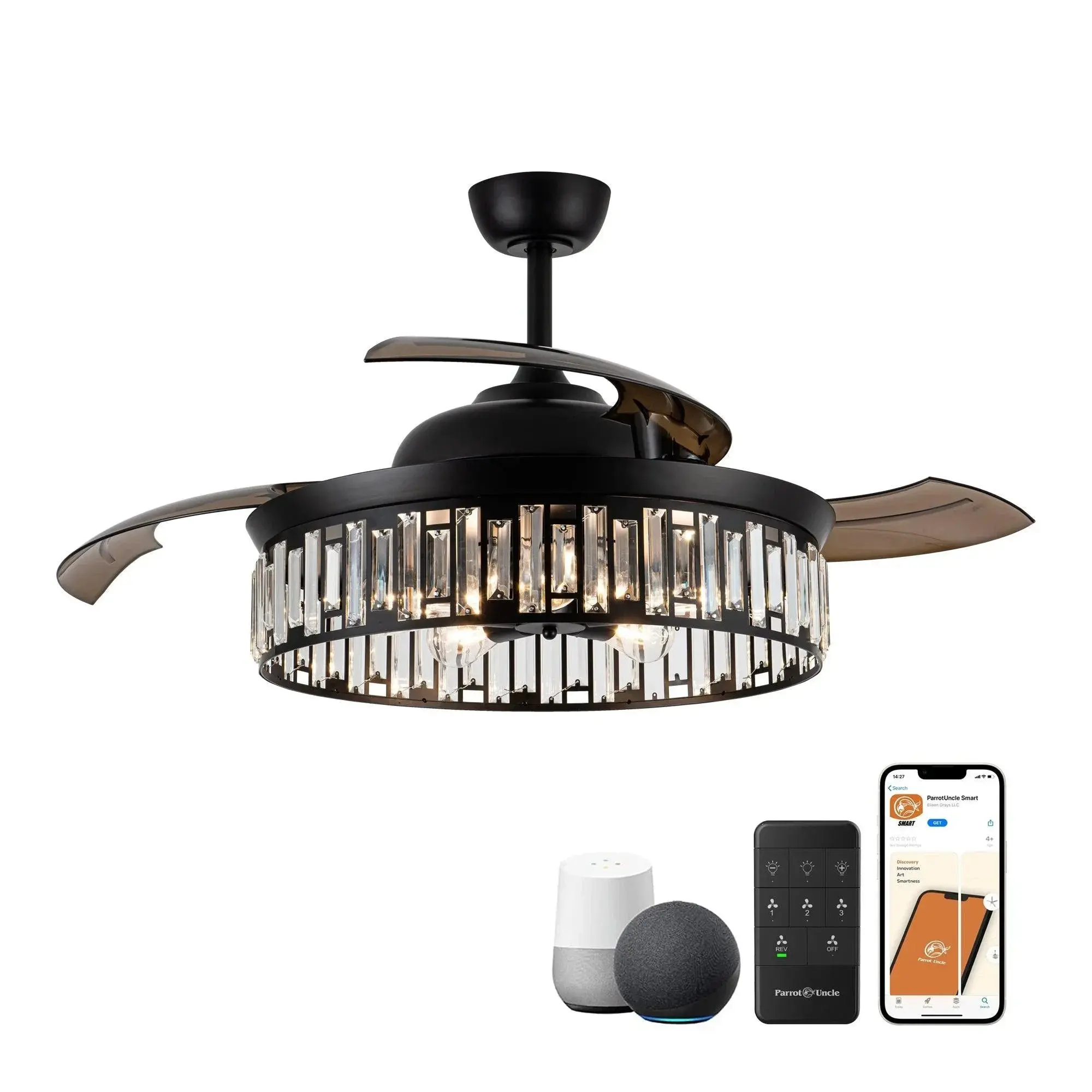 52" Broxburne Smart Ceiling Fan with Light Kit, Retractable Invisible Blades, Alexa Google Voice Control