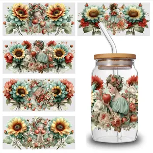 5 Sheets Floral Lady UV DTF Stickers Design UV DTF Cup Packaging Transfer Waterproof Self-Adhesive Paper for 16oz Glass Mug Water Bottle Cup Practical Wrap, 3d Crystal Label Waterproof And Scratch - High Quality