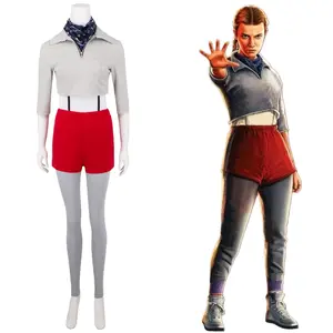 Game Movie ST5 Inspired Workout Set: Gray Cropped Top + Red Shorts + Blue Printed Bandana Full Training Outfit