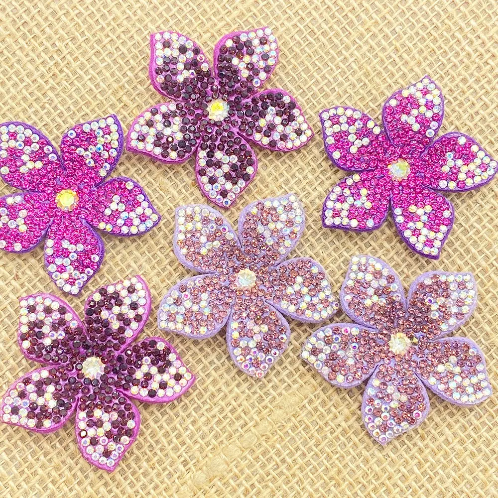6pcs Rhinestone Floral Flower Appliques, Sew on Crystal Embellishments, for Straw Hats, Woven Bags, Clothing, Shoes, DIY Craft Decoration