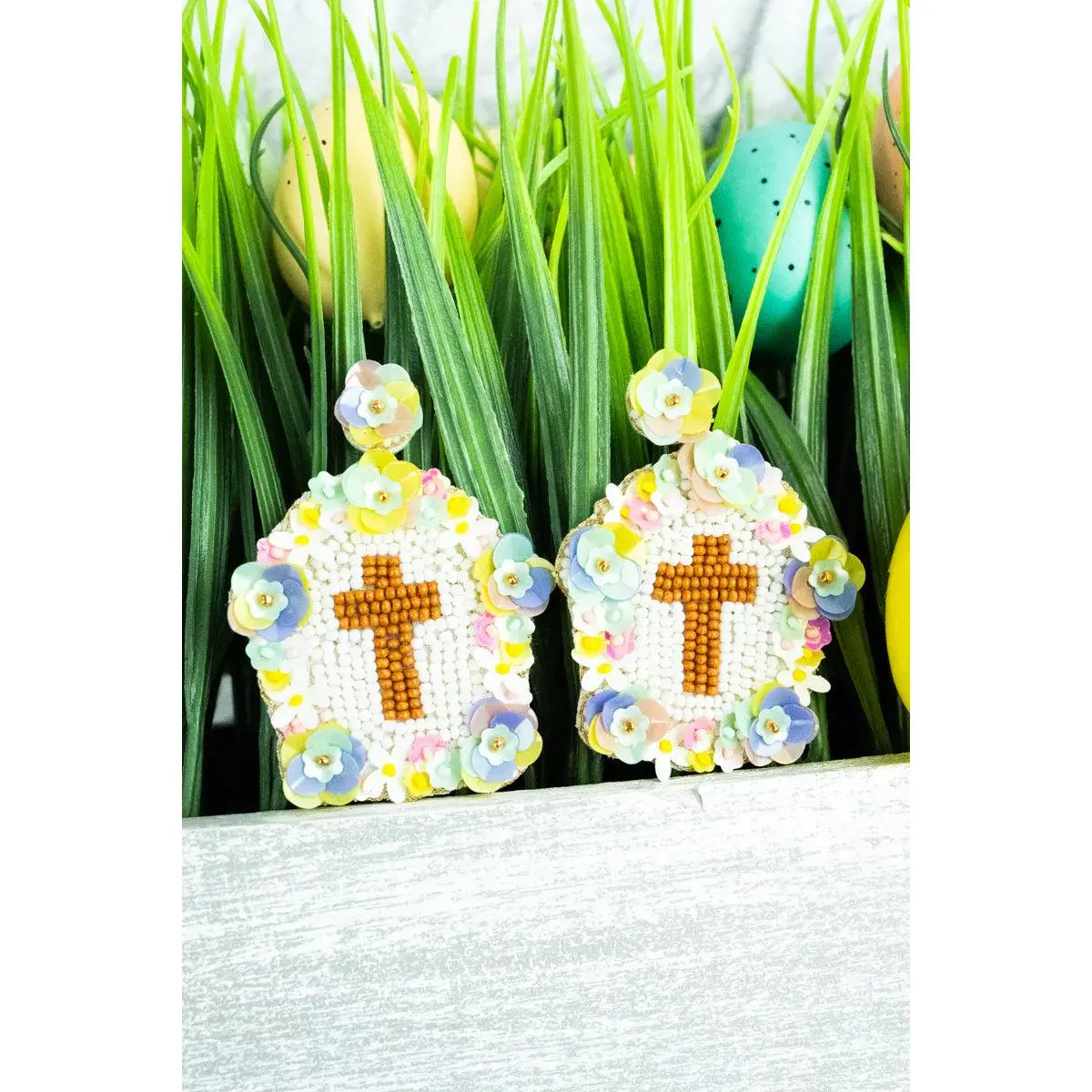Easter Floral Cross Seed Bead Earrings - Colorful Beaded Design with Cross Motif for Easter Celebrations