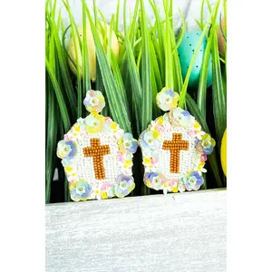 Easter Floral Cross Seed Bead Earrings - Colorful Beaded Design with Cross Motif for Easter Celebrations