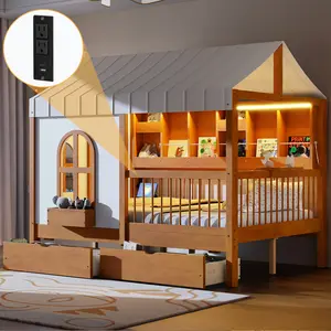 Full Size House Bed with 2 Drawers & Charging Station, Wood Canopy House Bed with Ultra-High Fence, Playhouse Design Tent Platform Bed Frames with Side Bookshelf and LED Strip (Walnut)