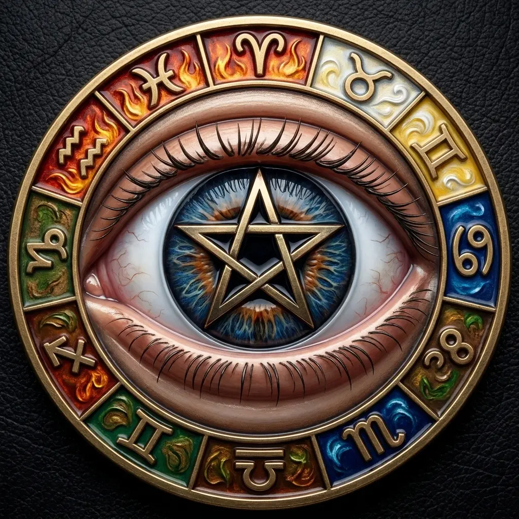 Zodiac Eye Magic Coin, Pentagram Eye Token, Astrology Wiccan Challenge Coin, Occult Pagan Medallion, Celestial Horoscopes Gift, Witchy Art