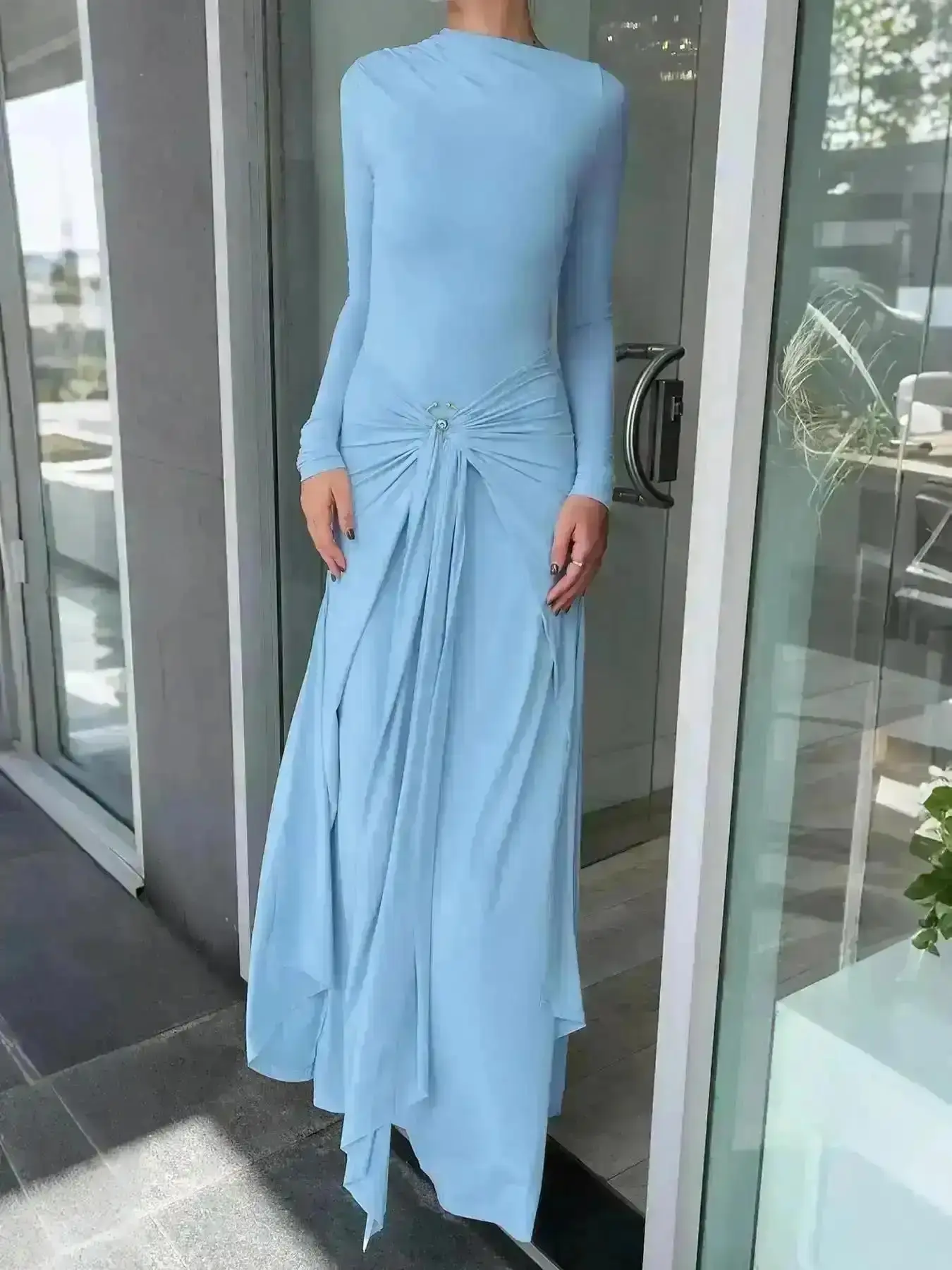 Elegant Elegant Women's Long Sleeve Dress with Ring Buckle Tie, Slim-Fit Casual Muslim Clothing for Fall & Winter, Plain Color Daily Wear, Modest Solid Outfits, Autumn Style, Wardrobe Essential, Elevated Basics