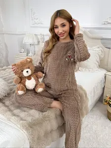 Women's Cable Knit Fleece Long Sleeve Pajama Set with Cute Bear Embroidery | Brown Cozy Sleepwear Top + Pants | Warm Loungewear for Winter Nights Pyjamas Pjs Womenswear Soft Sleepwear Loungewear #TikTokFashion