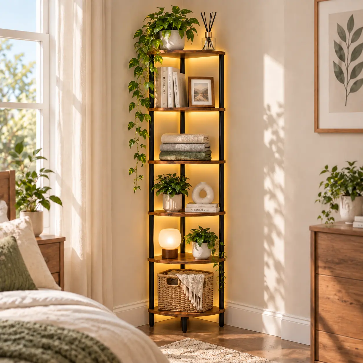 FXACYEM 6-Tier Wooden Corner Shelf Stand with LED Light, Multi-Purpose Display Storage Rack for Small Spaces, Living Room & Bedroom to Hold Clothes, Bags & Books