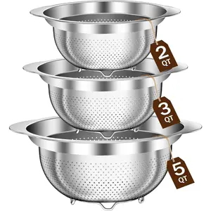 Stainless Steel Colander for Kitchen, Stainless Steel Strainer, Pasta Strainer for Spaghetti Fruit Vegetable Cooking Food, 3 Pcs Strainers and Colanders(2Q