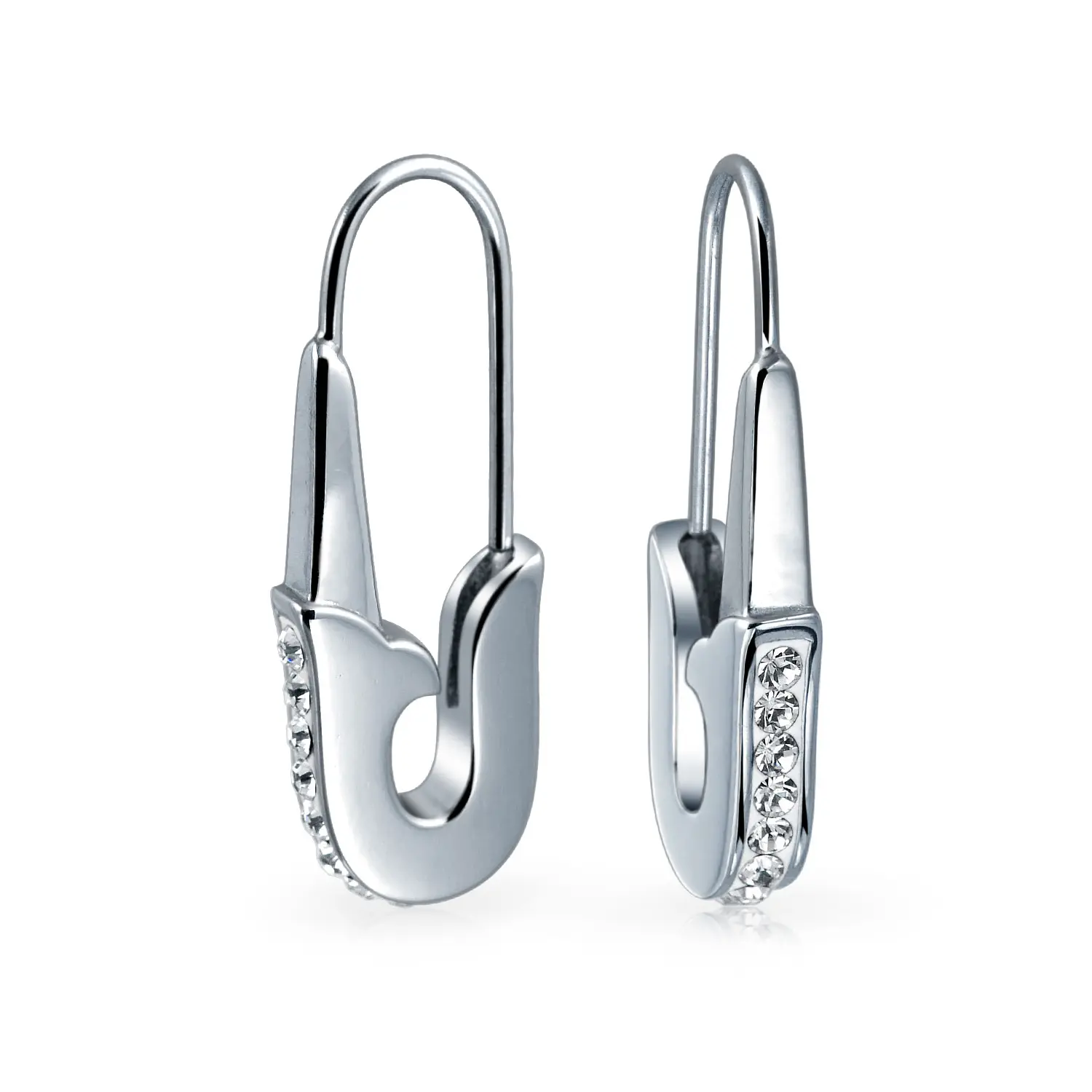Safety Pin Threader Earrings Crystal Accent Silver Tone Stainless Steel