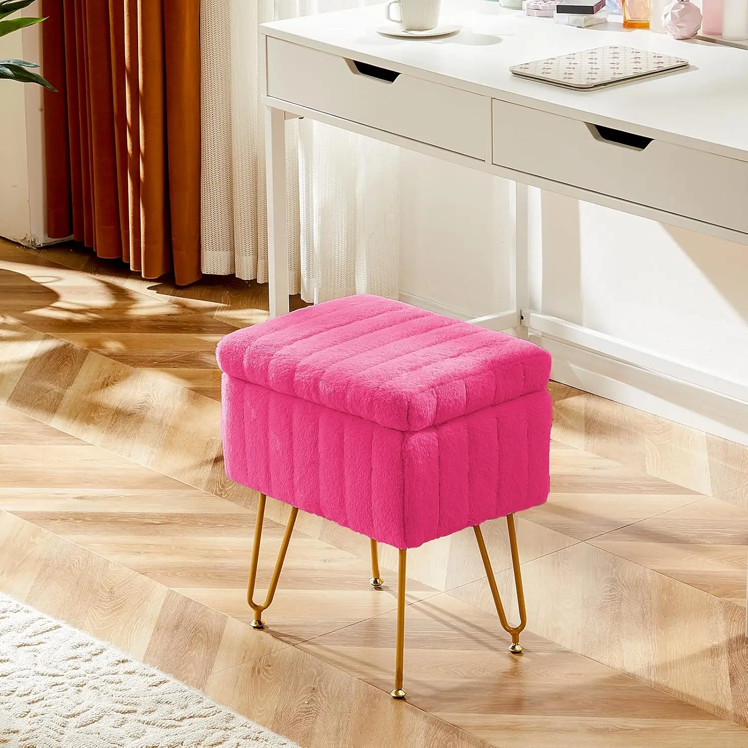 Stool Chair with Storage Ottoman Faux Fur Soft Padded Makeup Footstools Seat 4 Metal Legs Anti-Slip Adjustable Feet