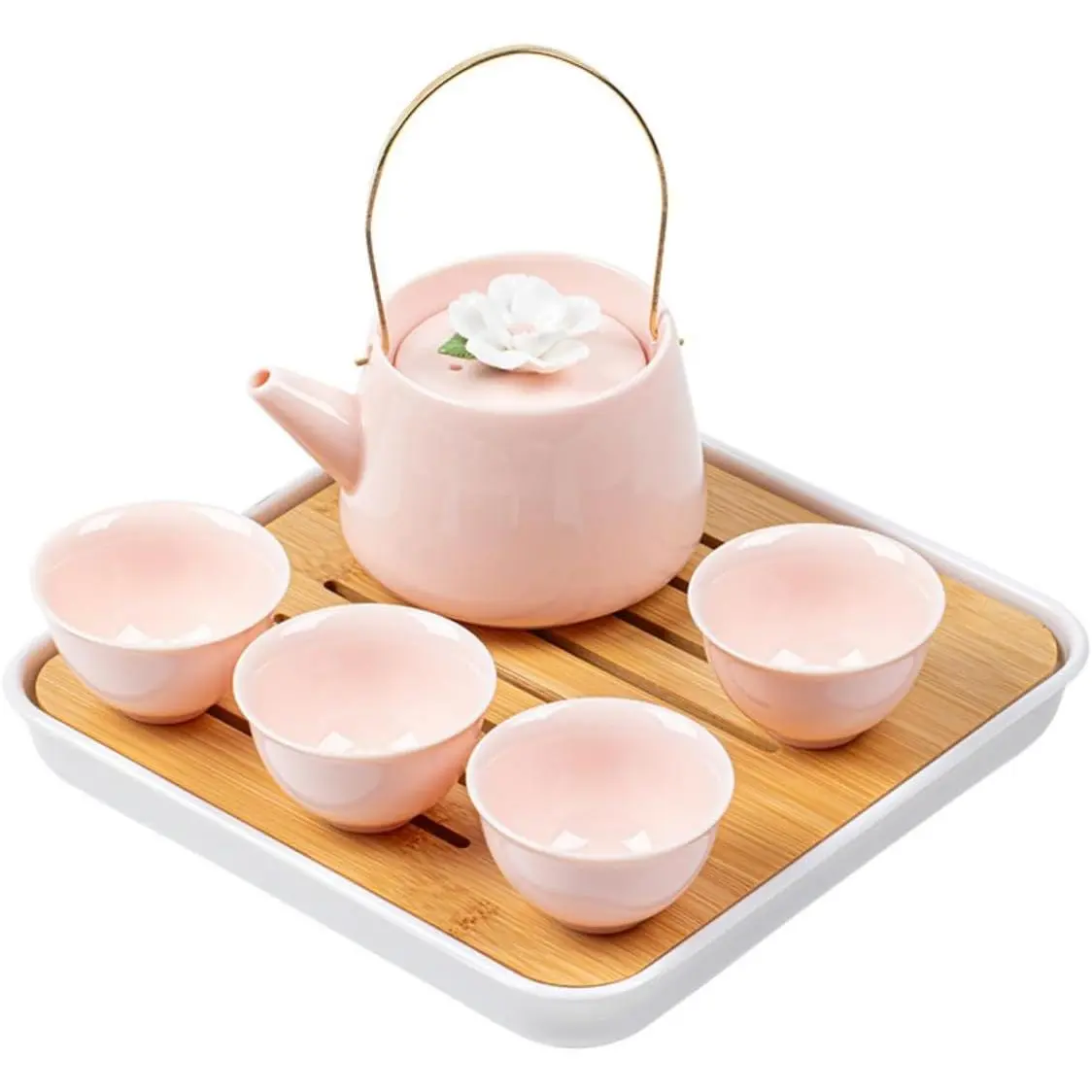 Japanese Porcelain Tea Set, Pink Kungfu Teapot Set with 1 Teapot, 4 Tea Cups, 1 Tea Tray, for Adults, Tea Lover/Women/Men/Office/Home (Pink), Teacup, Classic