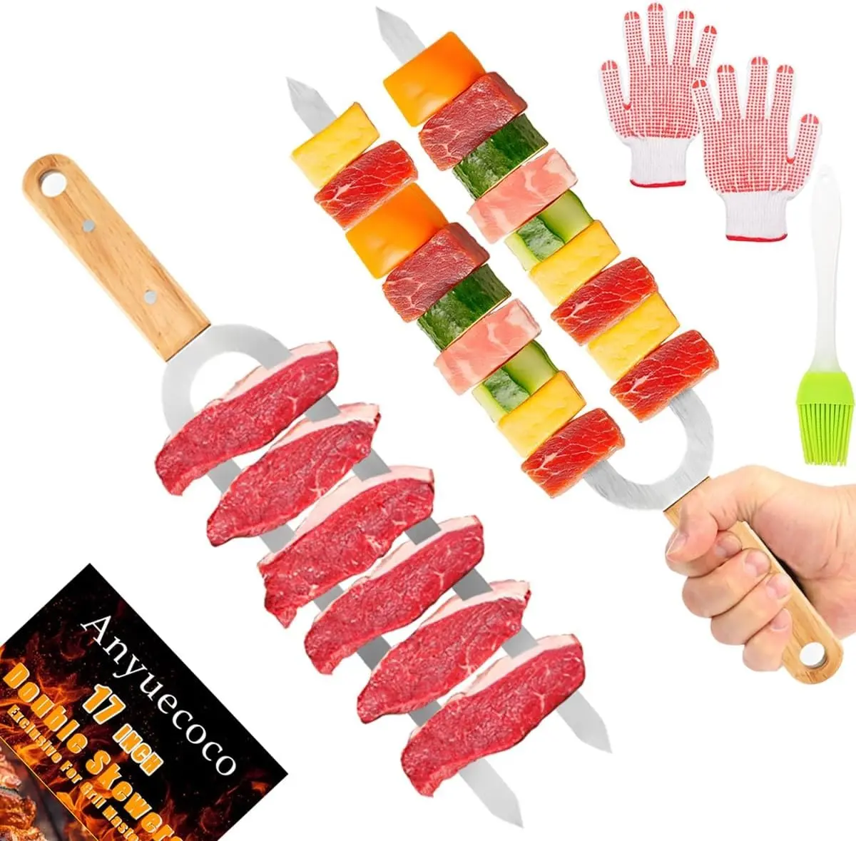 Skewers for Grilling,2 PCS - 17 Inch Double Pronged Kabob Skewers With Wooden Handles,Heavy Duty Stainless Steel Skewer, Flat Skewer,For Grilling Meat, Vegetables, and Outdoor Cooking