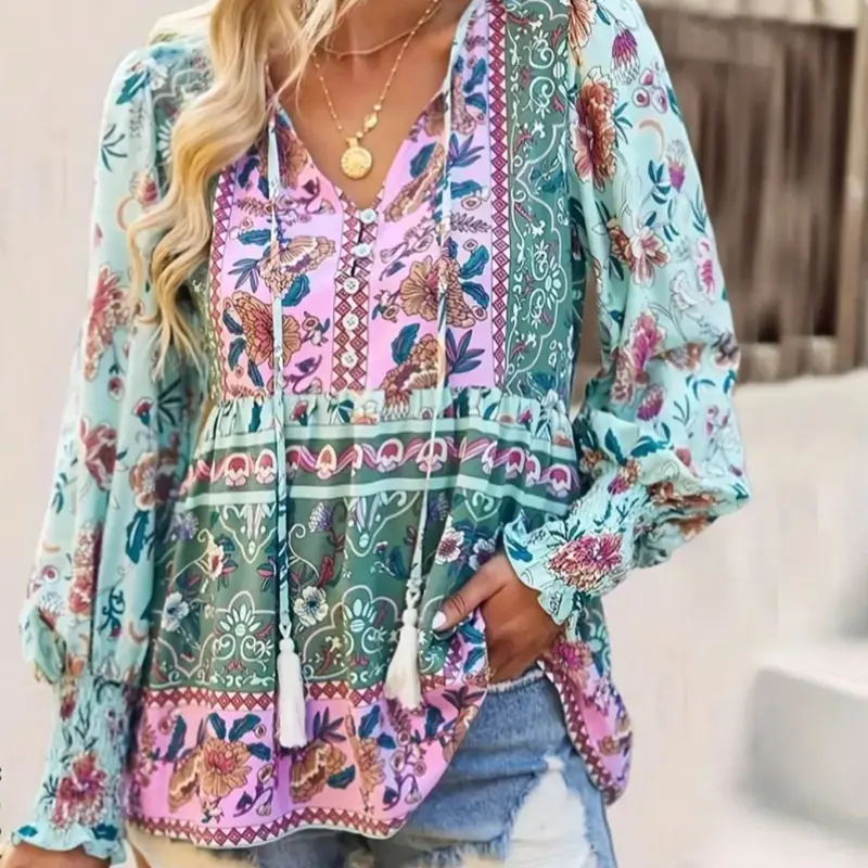 Fashion Boho Bohemian Floral Print Long-Sleeve with Tassel Tie, Curve Plus Size Loose Casual Tops Floral Clothing Y2K Clothes Summer Vacation Outfits Trendy Street Style Daily Date Wear Cute Beach Wear, Womenswear