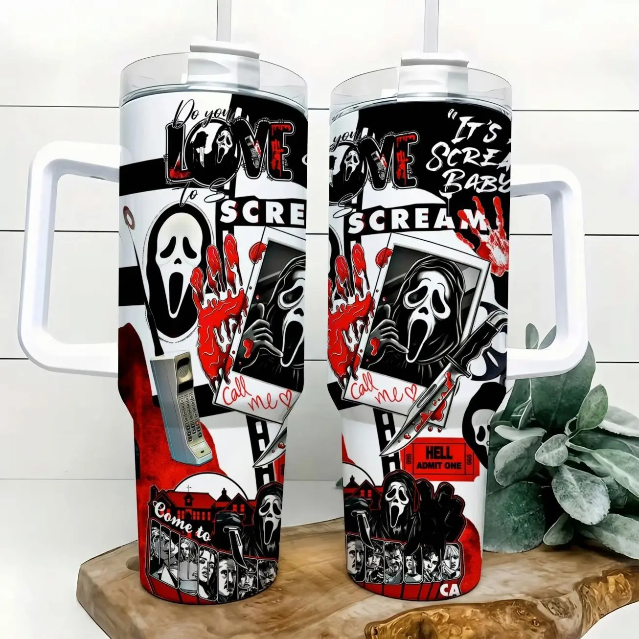 Scary Movie Ghost Face Inspired 40oz Insulated Tumbler with Handle and Straw Black White Red Slasher Horror Collage Stainless Steel Water Bottle Travel Mug for Gym Car Commute Office Halloween Birthday Gift