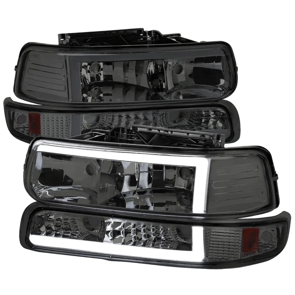 1999-2002 Chevrolet Silverado 1500 2500 / 2000-2006 Tahoe Suburban LED Bar Factory Style Headlights & Bumper Lights w/ Amber Reflector (Chrome Housing/Smoked Lens)
