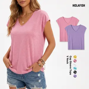 Holafish 1/2Pack Womens Cap Sleeve Tops V Neck Tshirts Lightweight Summer Outfits Beach Vacation Fashion Tee Blouse Workout Clothes Tees Basic Trendy