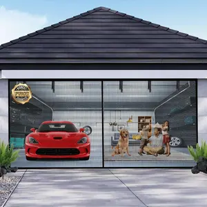 Door Screen for 2 Car 16x7FT, Screen with Retractable Fiberglass Mesh and Weighted Bottom, Easy Assembly & Pass, Hands Free Door Screen Kit