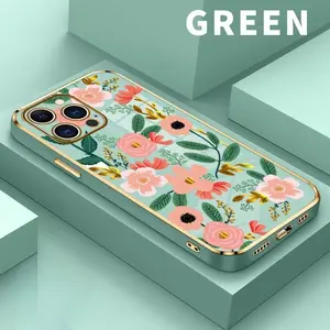 Case for iPhone  17 15 Pro Max 16 Air 14 Plus 13 12 11  Stylish Floral Charm Luxury Golden Edge Elecroplated TPU Camera Lens Protection Mobile Phone Cover Gift for