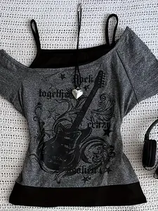 Women's Casual Vintage Short Sleeve T-Shirt, Gothic Streetwear Fashion Colorblock Print Design, Guitar Print, Soft Comfortable Fitted Fit, Perfect for Everyday Wear