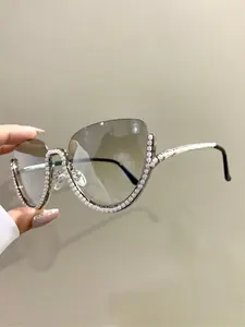 Women's Elegant Rhinestone Decorated Sunglasses, Trendy Casual Half Frame Sunglasses for Everyday Use, Fashion Accessories for Outdoor Activities, Trendy Beach Eyewear