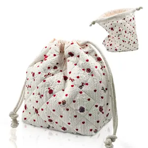 Quilted Floral Drawstring Makeup Bag, Portable Cotton Cosmetic Pouch for Travel & Daily Use, Cute Aesthetic Toiletry Bag for Women