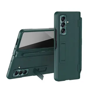 Luxury Leather Hinge Protection Case for Samsung Galaxy Z Fold 3/4/5/6/7 with Self-Writing Stylus Hidden Stand Screen Lens Film Anti-Fingerprint