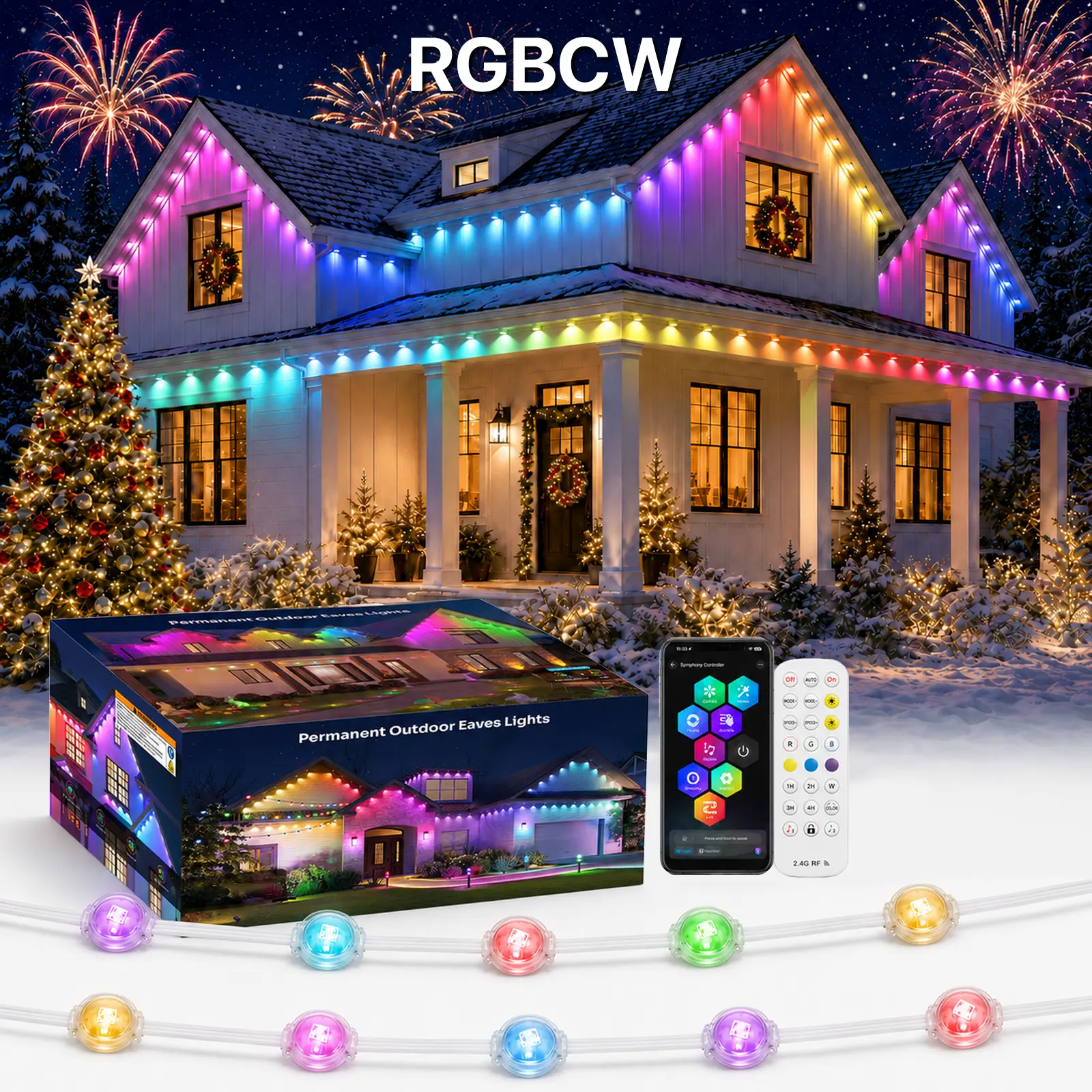 RGBCW IC Permanent Outdoor Eaves Lights, IP67 Waterproof Smart LED Roofline Lights with 3000K Warm White and 6000K Cool White, Alexa & Google Assistant, App and Remote Control, 16 Million Colors, 75 Scenes, Music Sync for Holiday and Daily Decor