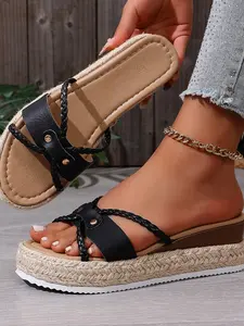 Boho Summer Shoes, Thick Sole Wedge Sandals, Open Toe Slippers, Casual Beach Footwear, Straw Woven Shoe Laces, Trendy Bohemian Style
