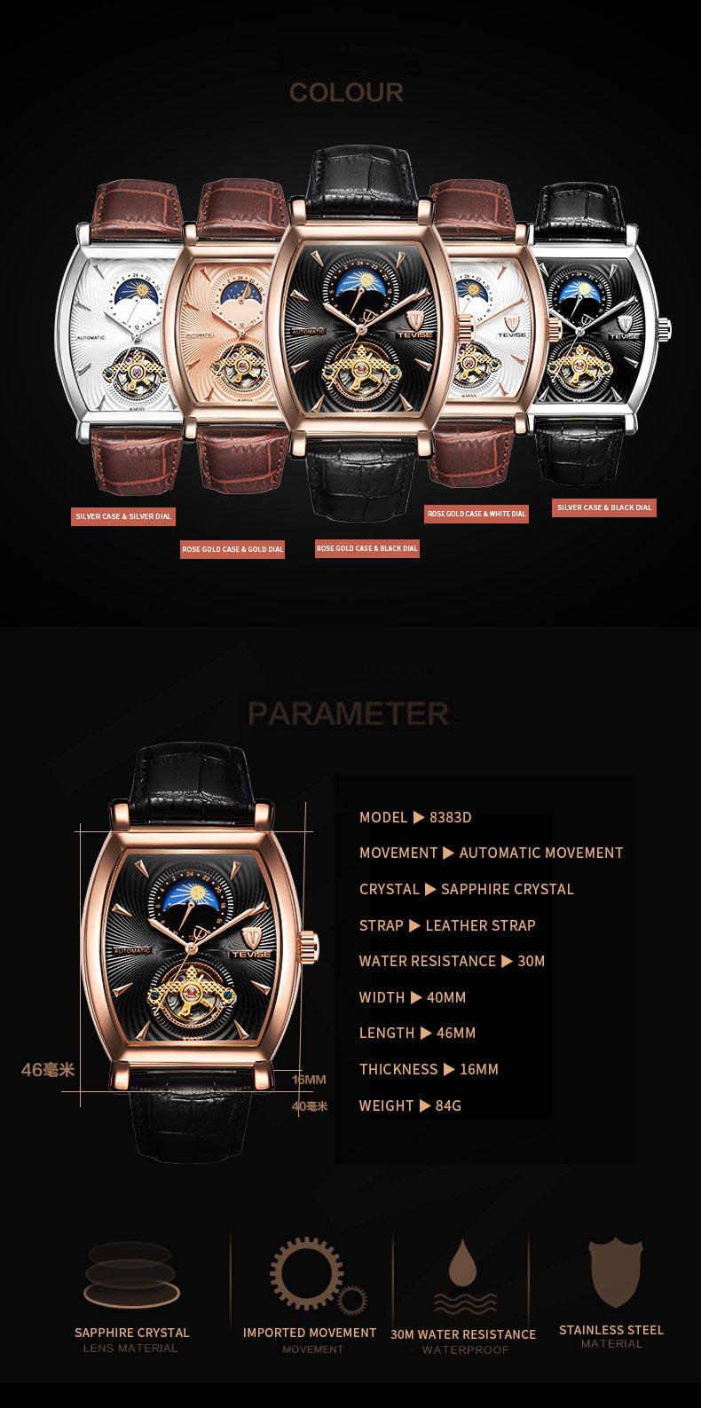 Luxury Men's Mechanical Watch, Tonneau Case, Moon Phase Dial, Genuine Leather Business Watch