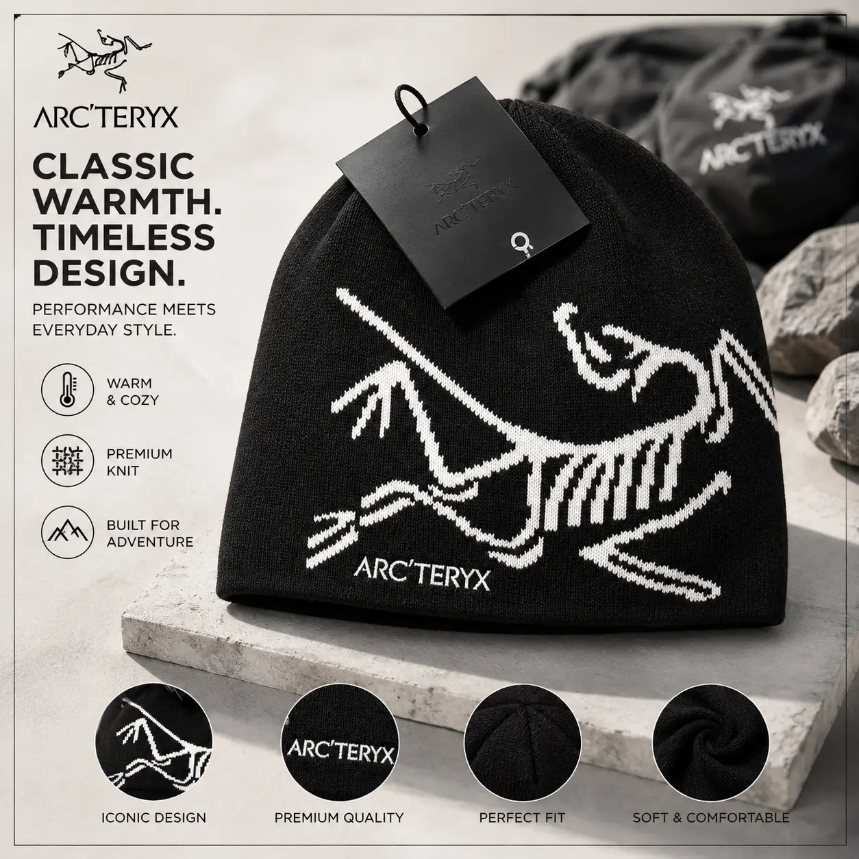 Arc'teryx Beanie for Men Women, Warm Winter Knit Hat with Iconic Bird Graphic, Soft Stretch Lightweight Skull Cap for Cold Weather, Skiing, Snowboarding, Hiking, Camping, Outdoor Adventure, Travel, Streetwear & Everyday Style