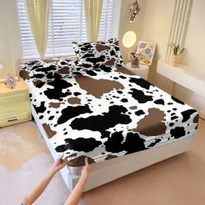 3Pcs Cow Print Fitted Sheet Set, Black & Brown Organic Shapes on Bright White Background, Stylish and Trendy Bedding for a Modern Look, Perfect for Animal Lovers and Rustic Decor! Includes 2 Pillowcases, No Pillow Core