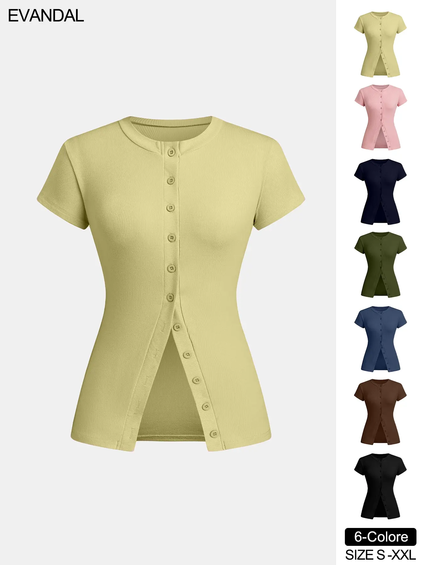 Women's round neck casual solid color button short sleeve top basic style Blouse