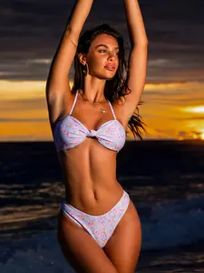 Women's Summer Beach Floral Halter Bikini Set, Boho Style High Elasticity Fabric, Backless Knot Design, Side Tie Swimwear Floral Print Bikinis