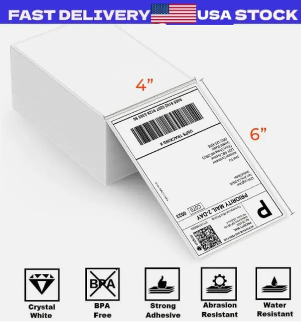 1000 4 x 6 Fanfold Direct Thermal Shipping Labels White For Zebra Rollo Printer