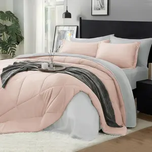 King Size Comforter Set 7 Pieces Bed in A Bag - Soft Microfiber Reversible Dusty Pink Bed Set with Comforters, Sheets, Pillowcases & Shams, Cozy Luxury Bedding Sets for All Season