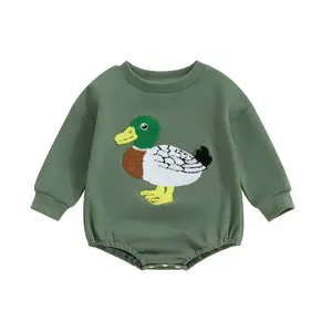 Newborn Baby Boy Girl Hunting Clothes Mallard Duck Embroidery Sweatshirt Romper Oversized Bubble Romper Fall Outfits