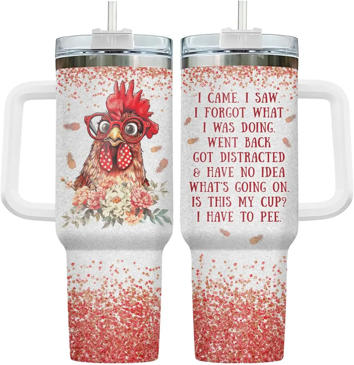 40oz Stainless Steel Insulated Rooster Flask Mug - Reusable Travel Coffee Cup with Handle, Straw, Floral Print, Funny Chicken Theme, Farmhouse Gift for Animal Lovers