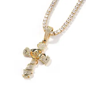 [ICE HUE]18K Gold Vacuum Plated Copper with 5A+ Sri Lanka Zircon Rose Cross Pendant With Necklace Miami Italy Mexico & Micro Inspired for Women & Men Luxury Jewelry,Daily Wear,Casual Fashion,Gift Idea,,Classic,Hip Hop,Simple,Sporty Style