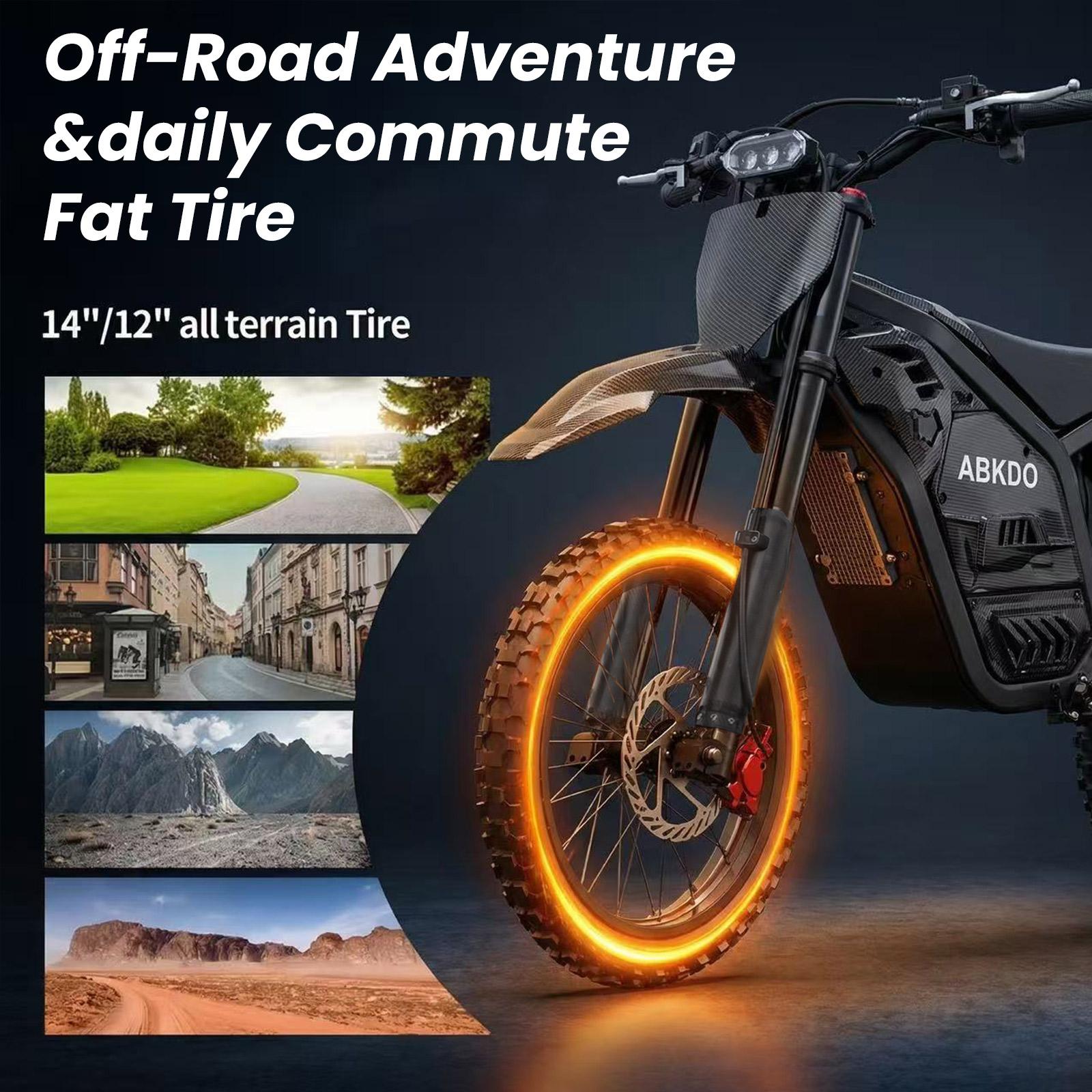 ABKDO 4000W Peak Electric Bicycle with Front Suspension 48V 23AH Battery 14" Inch Tires 45 MPH Speed 40 Miles Range for Snow Mountain Road Riding