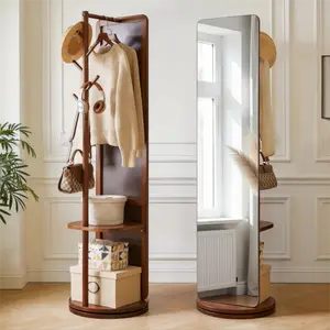 Bellemave Freestanding Solid Wood 360-Degree Rotating Full-Length Mirror with Clothes Rack and Storage Shelves for Bedroom, Living Room