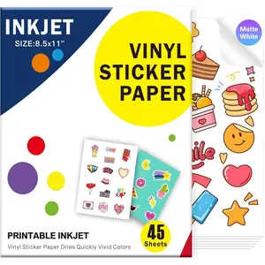 Matte White Sticker Paper for Inkjet Printer - 45 Sheets  -Resistant Self-Adhesive Printable Vinyl,  Colors Quick-Dry,DIY Crafts , Easy to Cut