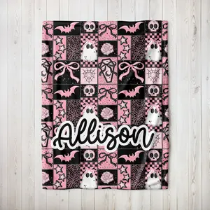 Personalized Pink and Black Patchwork Halloween Name Blanket | Custom Soft and Cozy Cute Halloween Throw Blanket Custom Ghost Spooky Season Thoughtful Gift