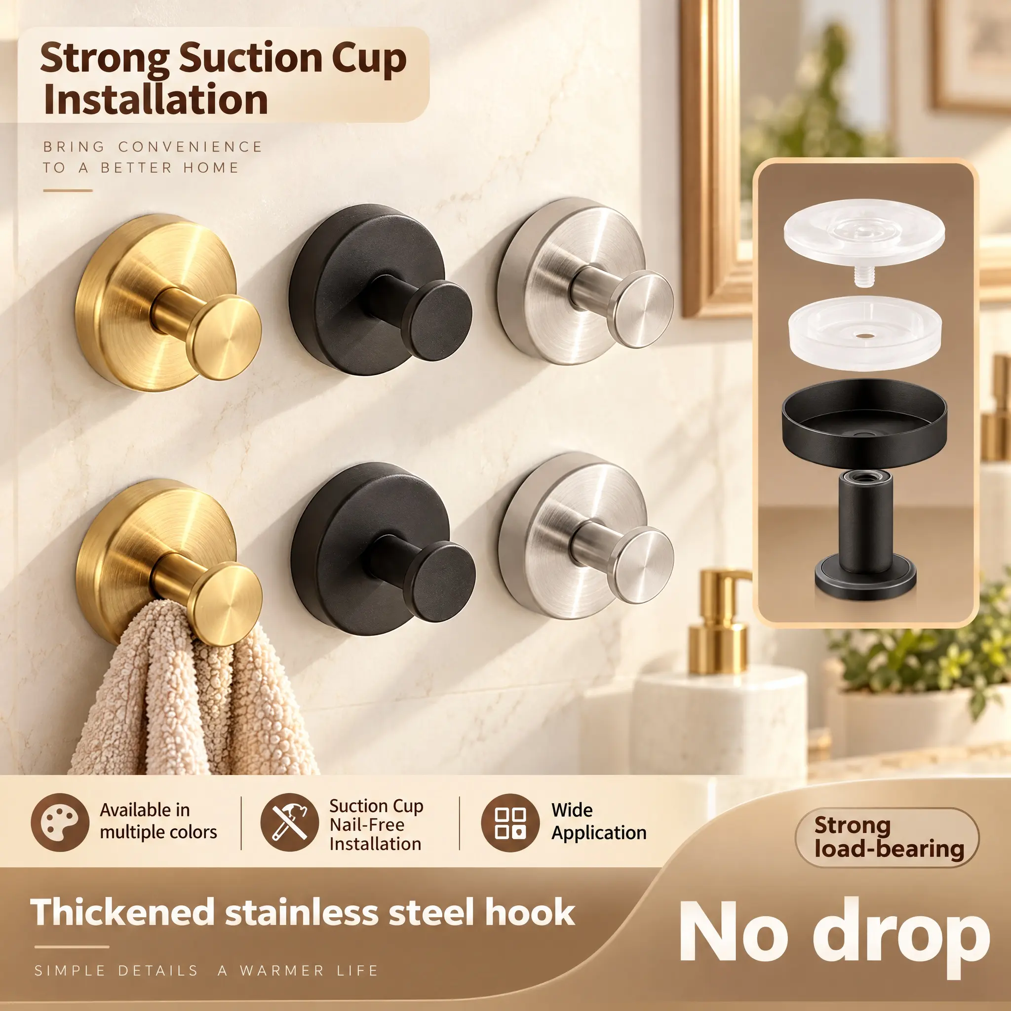 Becvtoz 4pcs Stainless Steel Suction Cup Hooks - No Tools/Drill Required, 360-Degree Rotatable Home Organizer for Bathroom, Kitchen, Smooth Surfaces (Robe, Towel, Holiday Decoration Hanging)