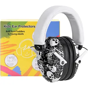 P-HPS026    Ear Protection Safety Ear Muffs, NRR 25dB Noise Reduction Childrens Earmuffs, Adjustable Headband Hearing Protectors for Concerts, Racing, Airports - Skull Pattern