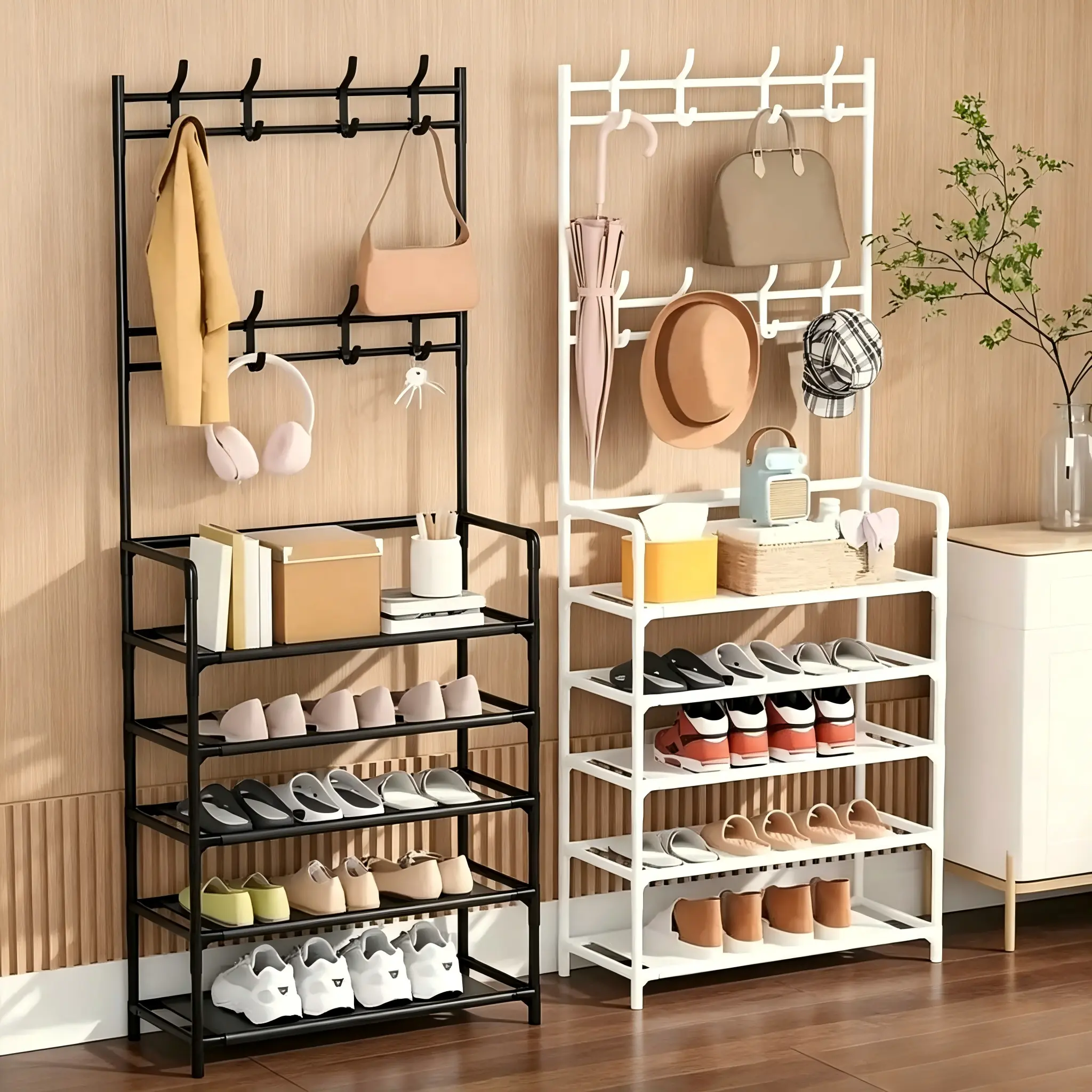 Multi-Functional Rectangular Metal-Plastic Shoe Rack with Hook Racks, Shelves, 9kg Load Capacity for Home Shoe & Accessory Organization